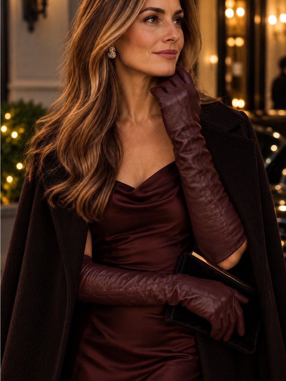 🔹 Burgundy Leather Opera Gloves – Long Over-the-Elbow